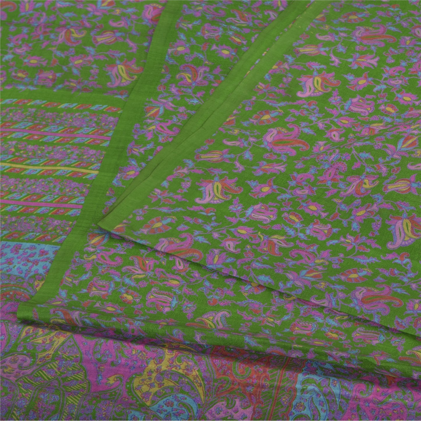 Sanskriti Vintage Sarees Green Indian Pure Silk Printed Sari 5yd Craft Sustainable Fabric