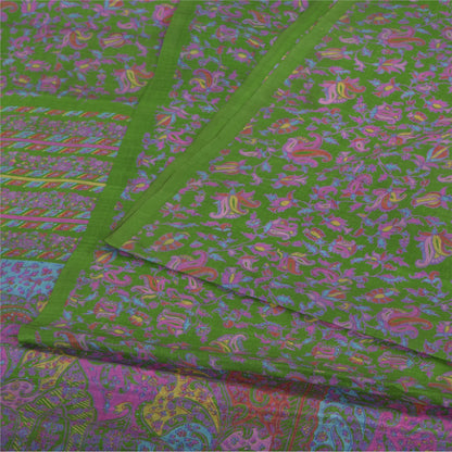 Sanskriti Vintage Sarees Green Indian Pure Silk Printed Sari 5yd Craft Sustainable Fabric