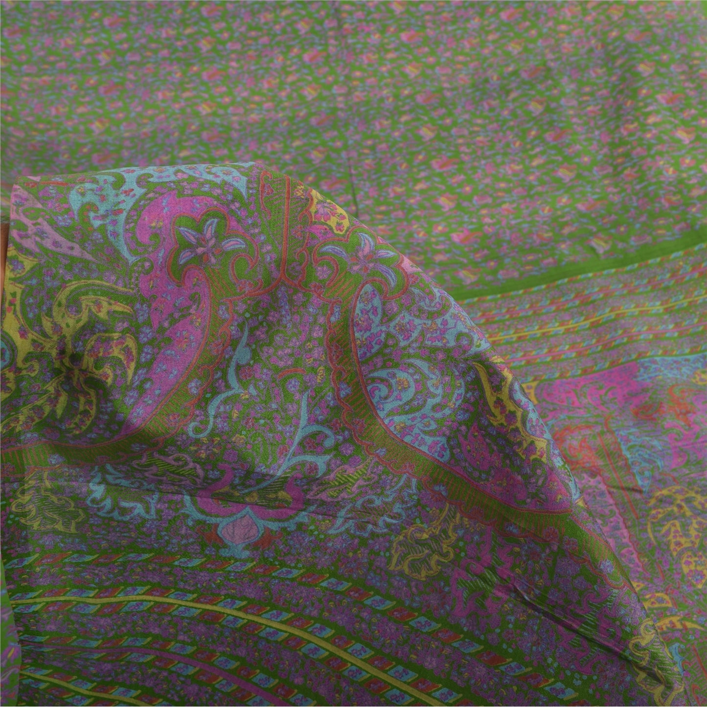 Sanskriti Vintage Sarees Green Indian Pure Silk Printed Sari 5yd Craft Sustainable Fabric