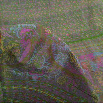 Sanskriti Vintage Sarees Green Indian Pure Silk Printed Sari 5yd Craft Sustainable Fabric