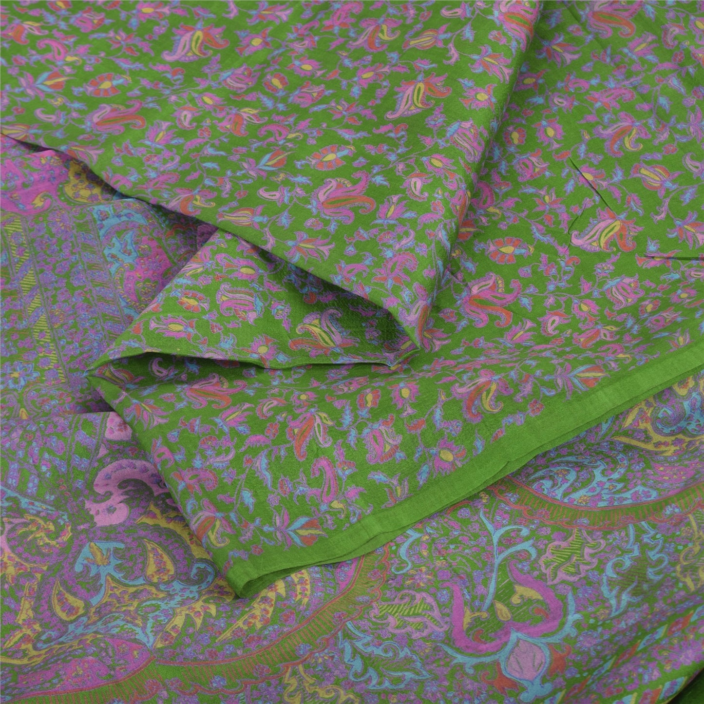 Sanskriti Vintage Sarees Green Indian Pure Silk Printed Sari 5yd Craft Sustainable Fabric