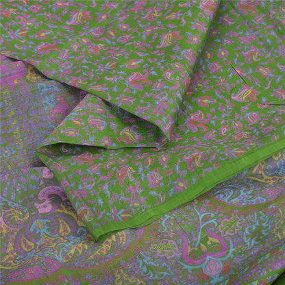 Sanskriti Vintage Sarees Green Indian Pure Silk Printed Sari 5yd Craft Sustainable Fabric