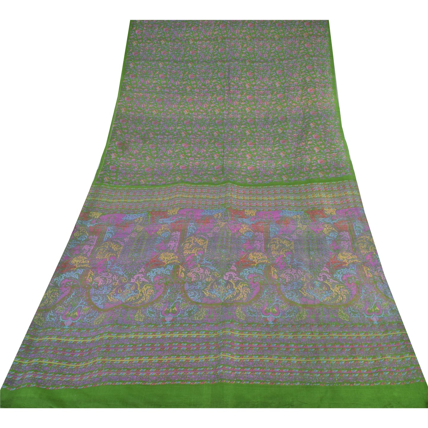 Sanskriti Vintage Sarees Green Indian Pure Silk Printed Sari 5yd Craft Sustainable Fabric