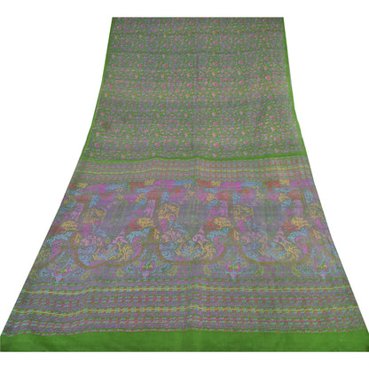 Sanskriti Vintage Sarees Green Indian Pure Silk Printed Sari 5yd Craft Sustainable Fabric