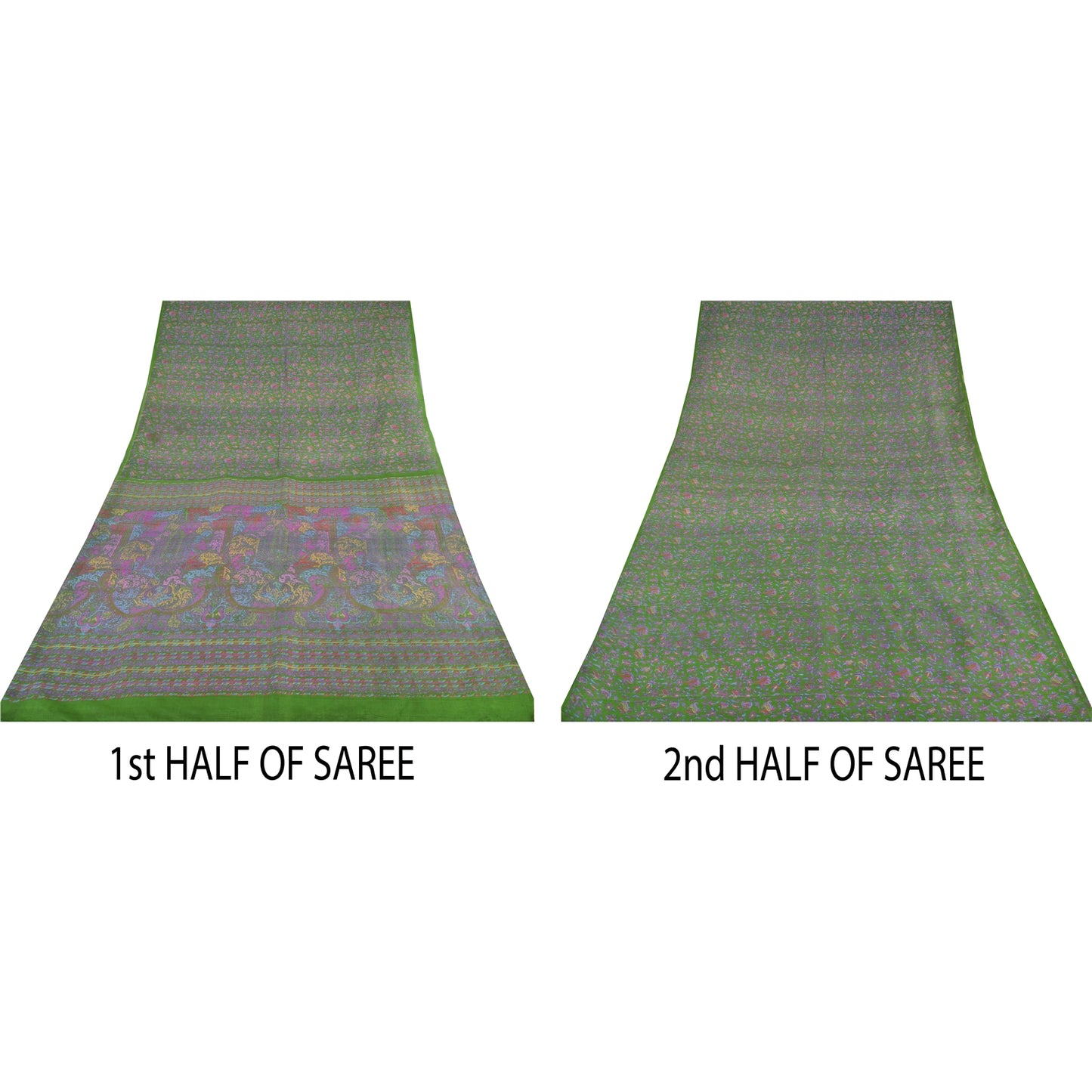 Sanskriti Vintage Sarees Green Indian Pure Silk Printed Sari 5yd Craft Sustainable Fabric