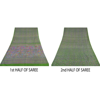 Sanskriti Vintage Sarees Green Indian Pure Silk Printed Sari 5yd Craft Sustainable Fabric