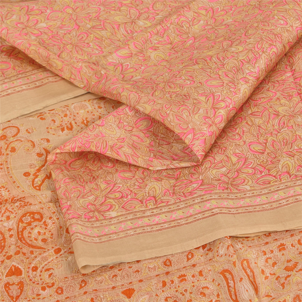 Sanskriti Vintage Sarees Light-Brown Pure Silk Printed Sari 5yd Craft Sustainable Fabric