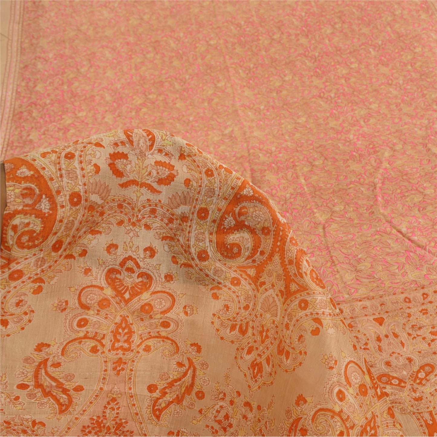 Sanskriti Vintage Sarees Light-Brown Pure Silk Printed Sari 5yd Craft Sustainable Fabric