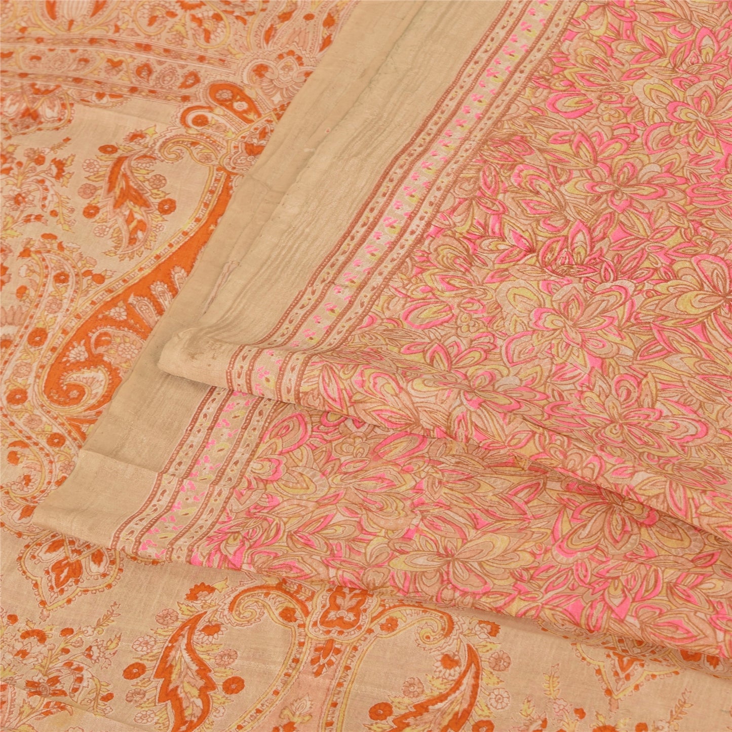 Sanskriti Vintage Sarees Light-Brown Pure Silk Printed Sari 5yd Craft Sustainable Fabric