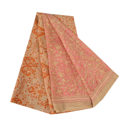 Sanskriti Vintage Sarees Light-Brown Pure Silk Printed Sari 5yd Craft Sustainable Fabric