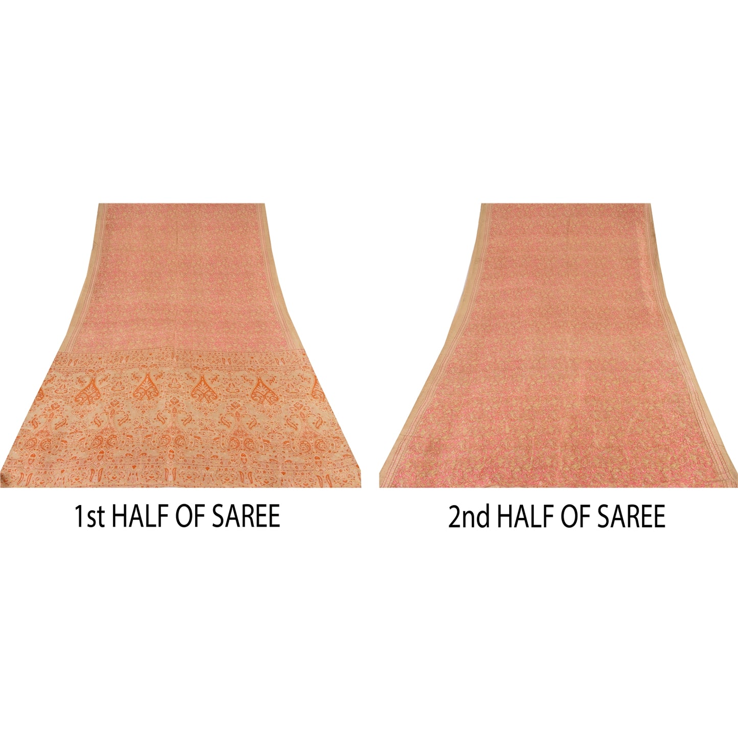 Sanskriti Vintage Sarees Light-Brown Pure Silk Printed Sari 5yd Craft Sustainable Fabric