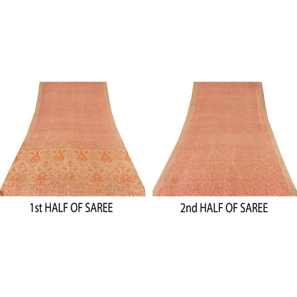 Sanskriti Vintage Sarees Light-Brown Pure Silk Printed Sari 5yd Craft Sustainable Fabric