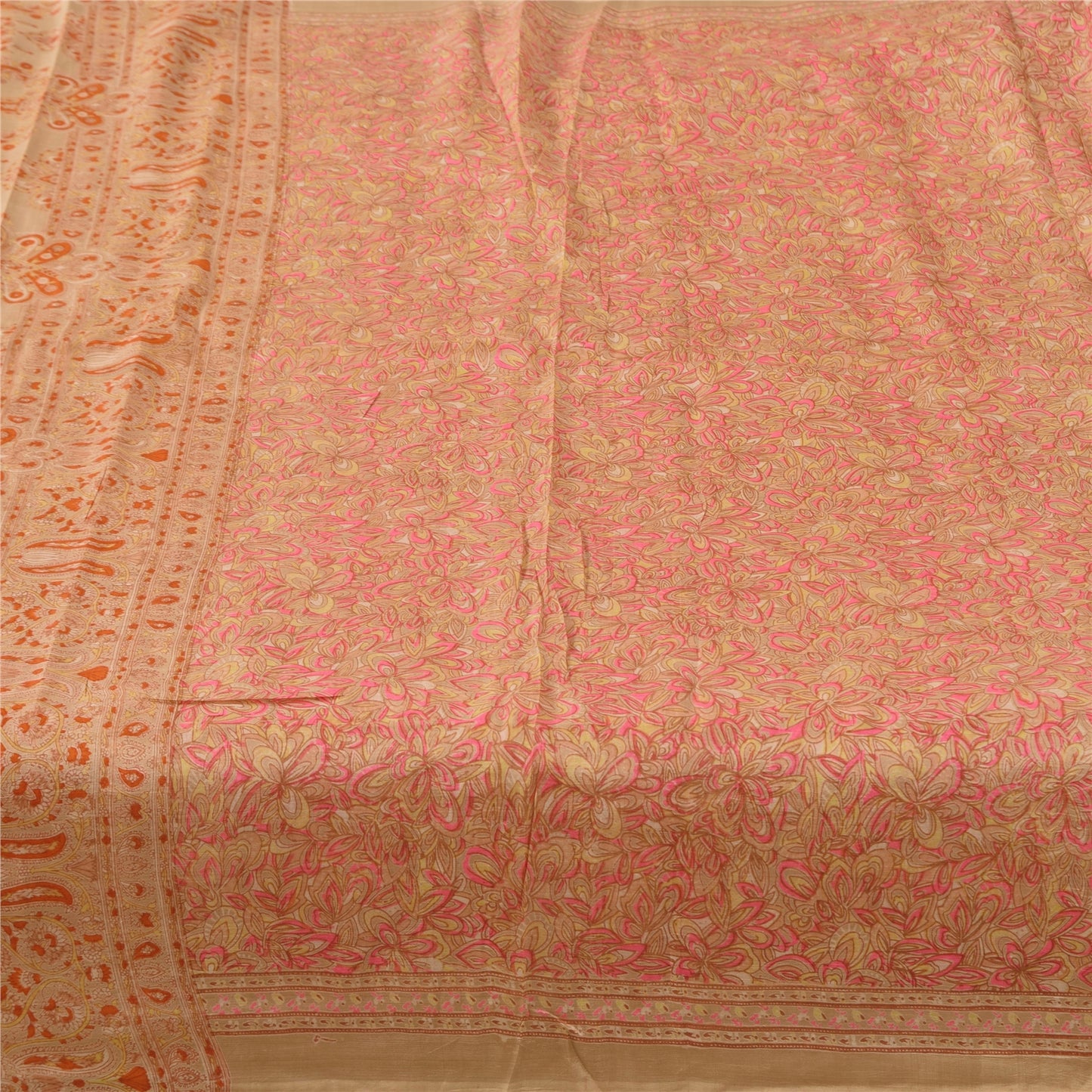 Sanskriti Vintage Sarees Light-Brown Pure Silk Printed Sari 5yd Craft Sustainable Fabric