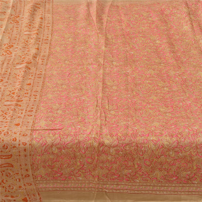 Sanskriti Vintage Sarees Light-Brown Pure Silk Printed Sari 5yd Craft Sustainable Fabric