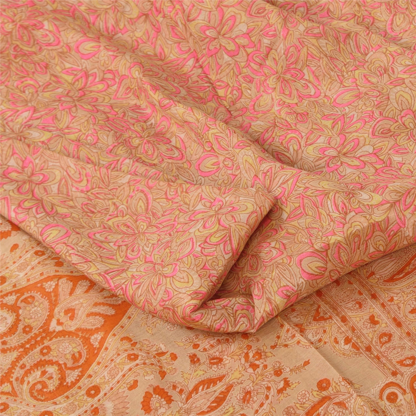 Sanskriti Vintage Sarees Light-Brown Pure Silk Printed Sari 5yd Craft Sustainable Fabric