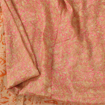 Sanskriti Vintage Sarees Light-Brown Pure Silk Printed Sari 5yd Craft Sustainable Fabric