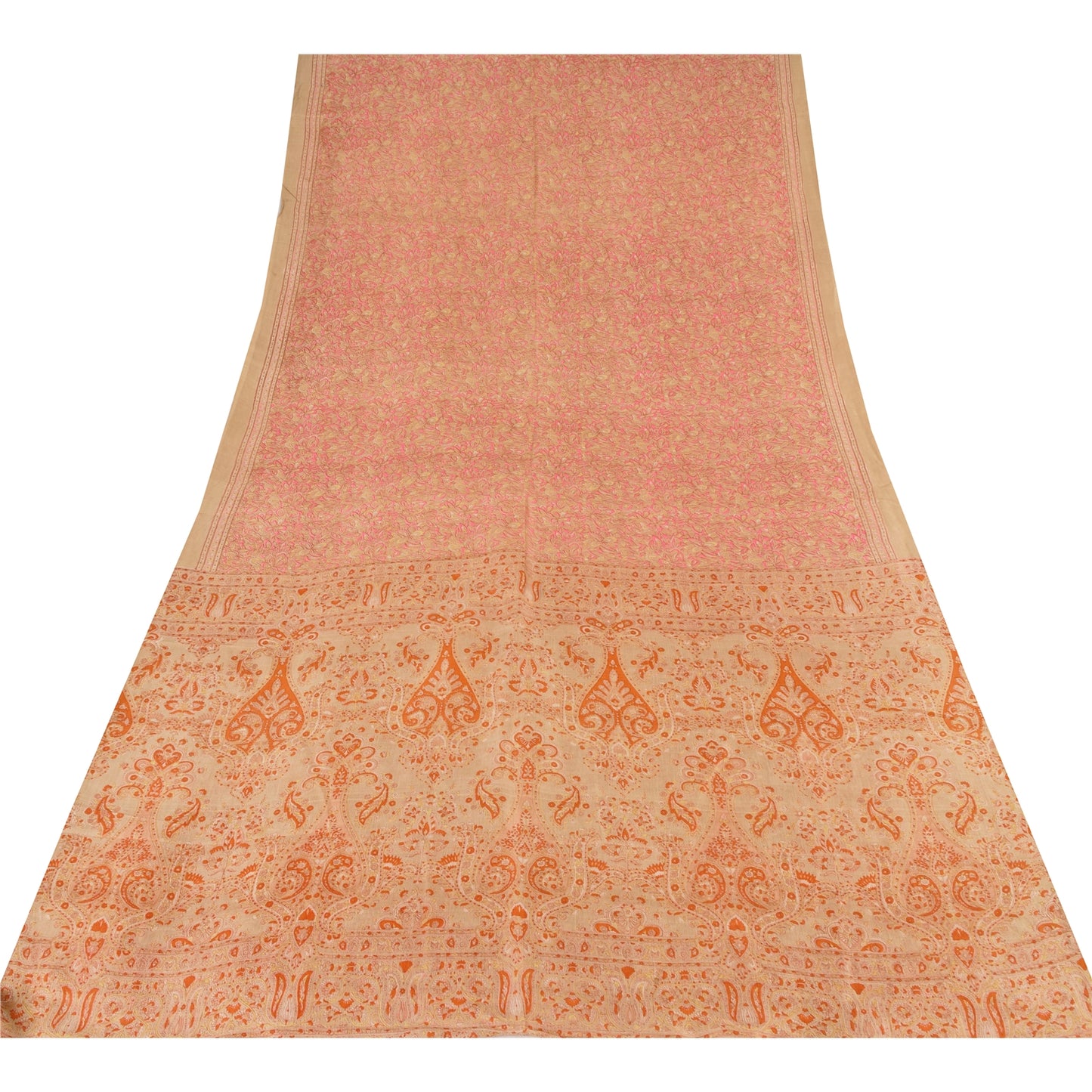 Sanskriti Vintage Sarees Light-Brown Pure Silk Printed Sari 5yd Craft Sustainable Fabric