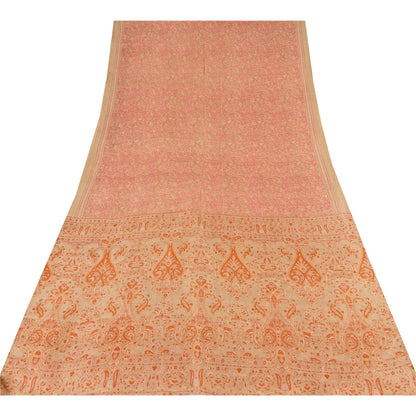 Sanskriti Vintage Sarees Light-Brown Pure Silk Printed Sari 5yd Craft Sustainable Fabric