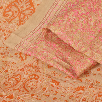 Sanskriti Vintage Sarees Light-Brown Pure Silk Printed Sari 5yd Craft Sustainable Fabric