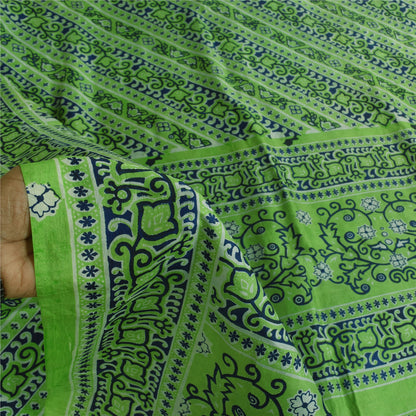Sanskriti Vintage Sarees Green Indian Pure Silk Printed Sari 5+yd Craft Fabric