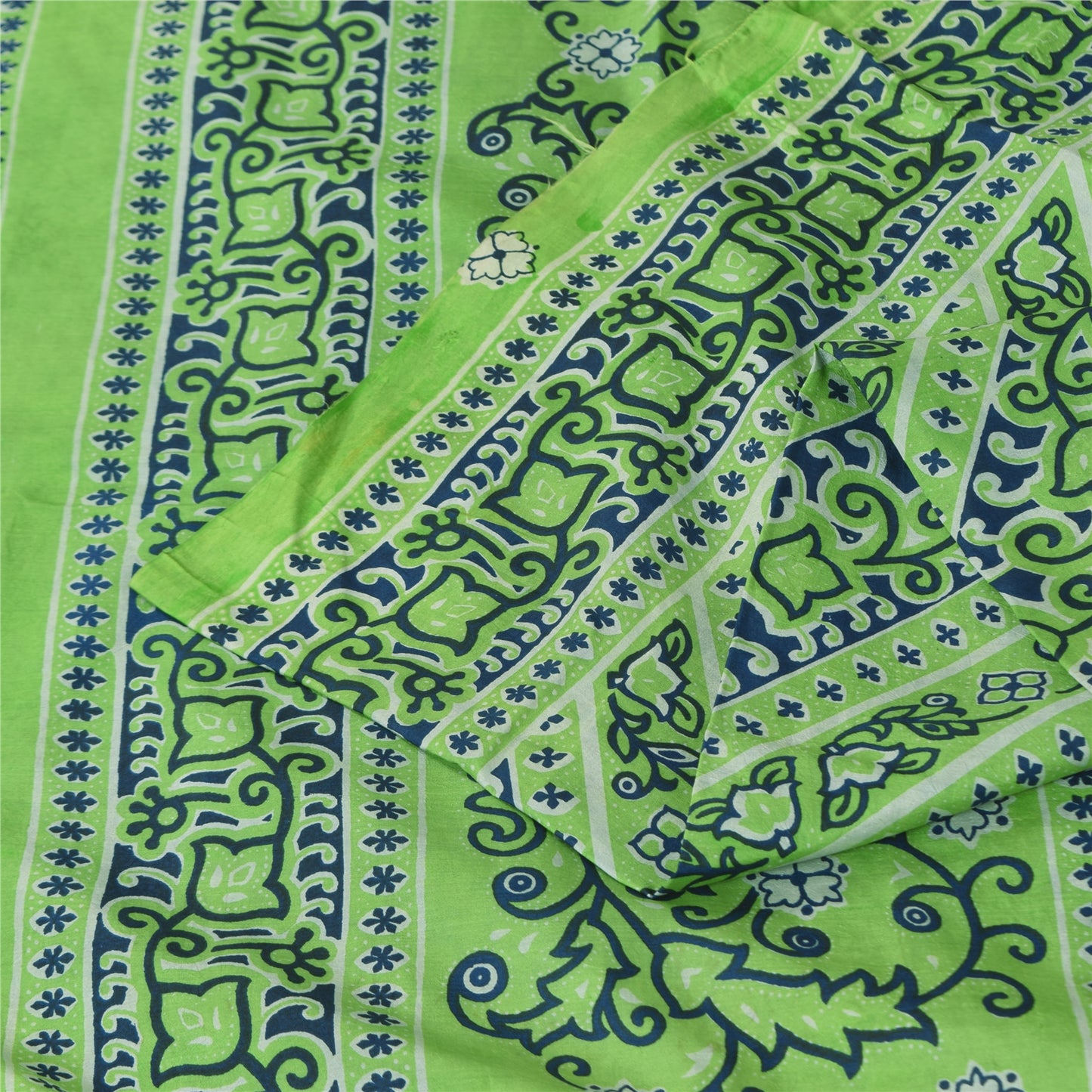 Sanskriti Vintage Sarees Green Indian Pure Silk Printed Sari 5+yd Craft Fabric