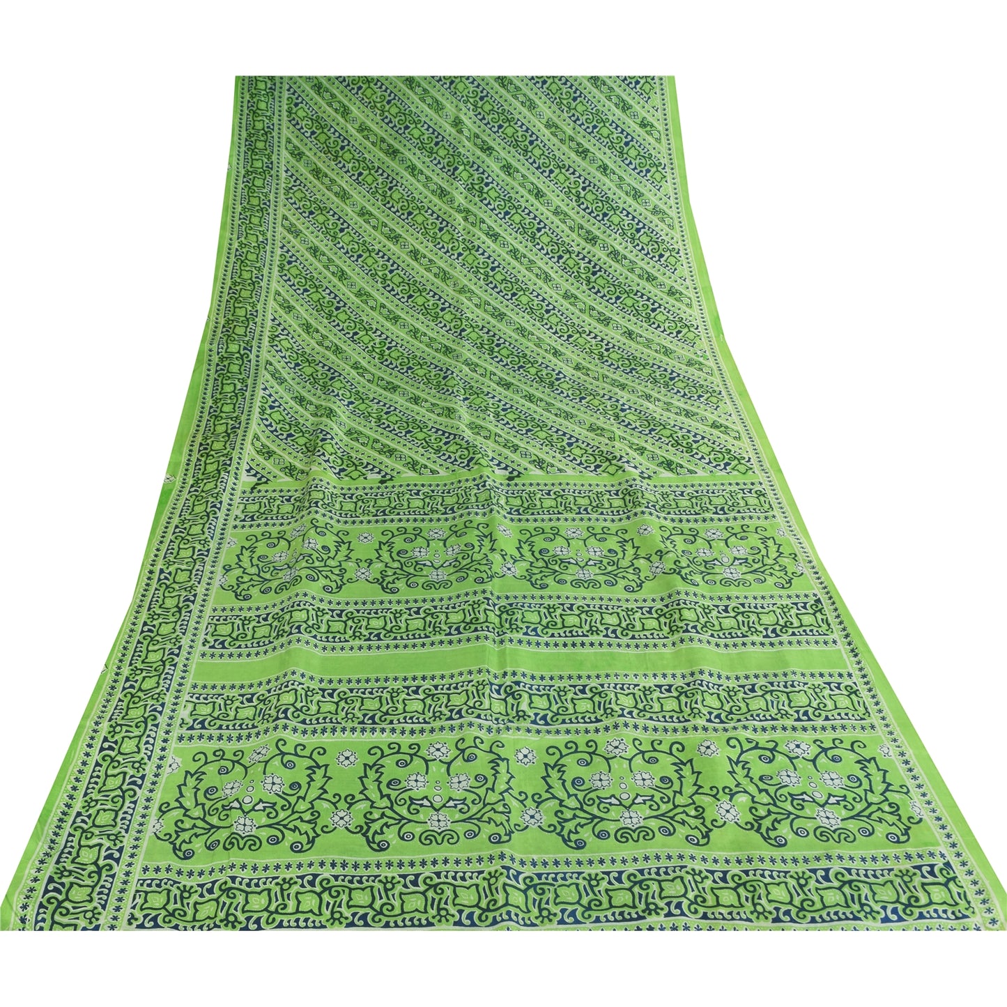 Sanskriti Vintage Sarees Green Indian Pure Silk Printed Sari 5+yd Craft Fabric