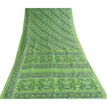 Sanskriti Vintage Sarees Green Indian Pure Silk Printed Sari 5+yd Craft Fabric