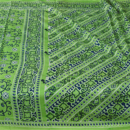 Sanskriti Vintage Sarees Green Indian Pure Silk Printed Sari 5+yd Craft Fabric