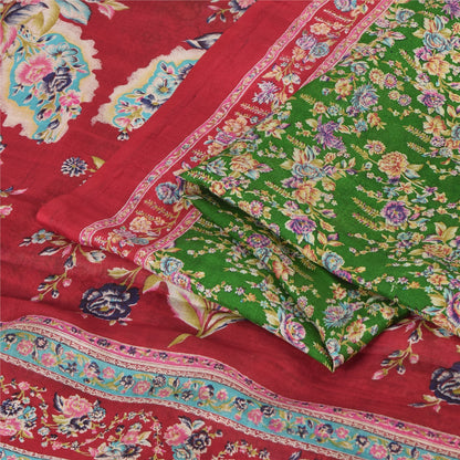 Sanskriti Vintage Sarees Green Indian Pure Silk Printed Sari 5yd Craft Sustainable Fabric