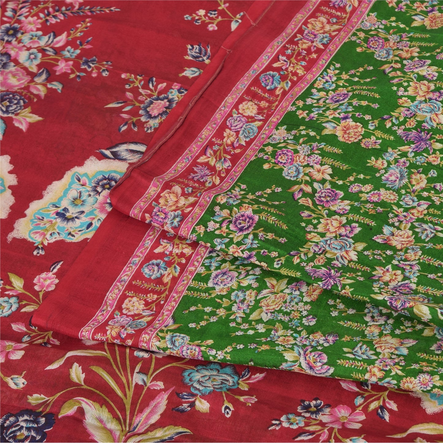 Sanskriti Vintage Sarees Green Indian Pure Silk Printed Sari 5yd Craft Sustainable Fabric