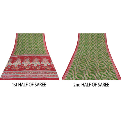 Sanskriti Vintage Sarees Green Indian Pure Silk Printed Sari 5yd Craft Sustainable Fabric