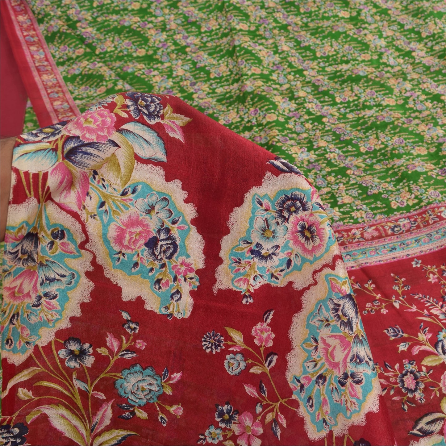 Sanskriti Vintage Sarees Green Indian Pure Silk Printed Sari 5yd Craft Sustainable Fabric