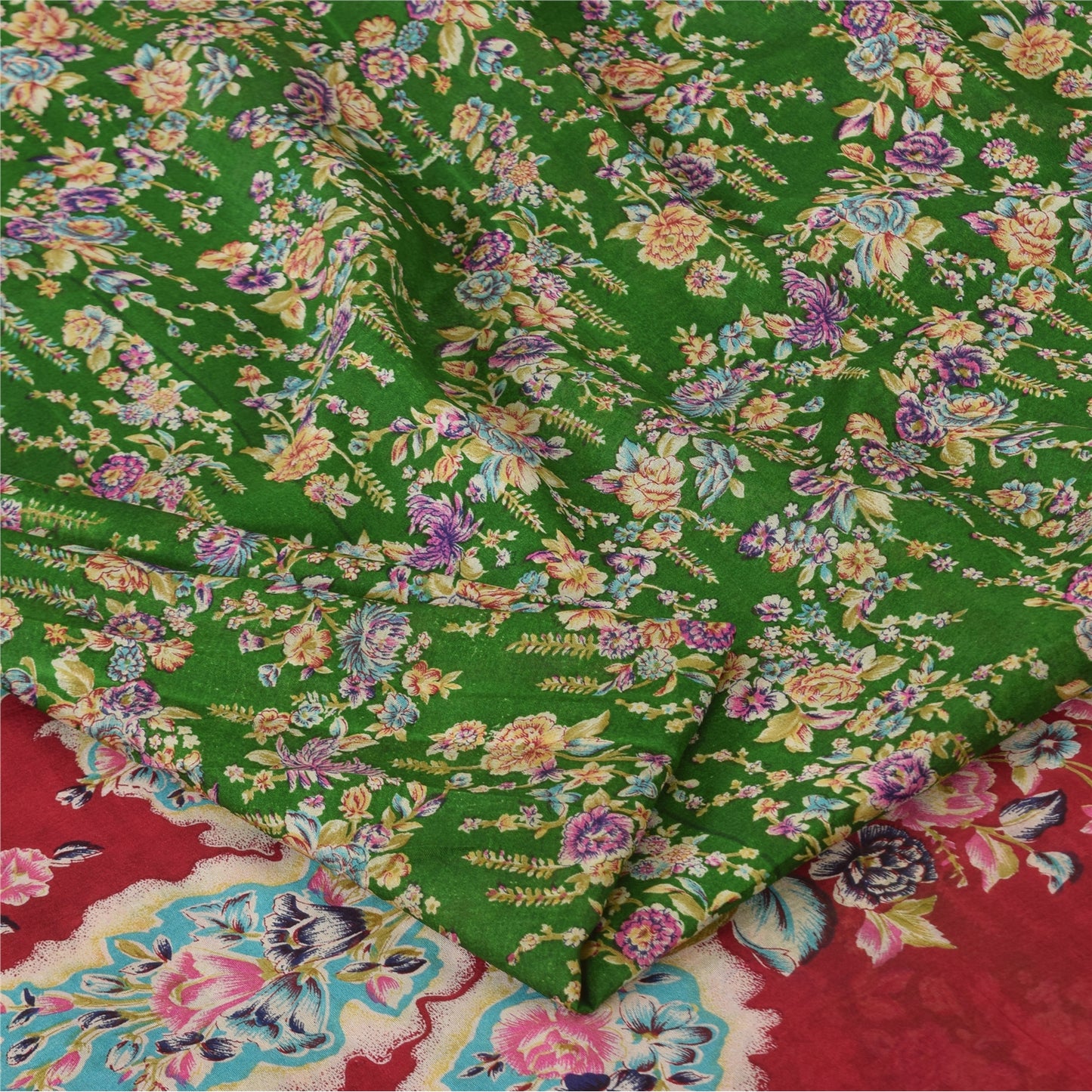 Sanskriti Vintage Sarees Green Indian Pure Silk Printed Sari 5yd Craft Sustainable Fabric