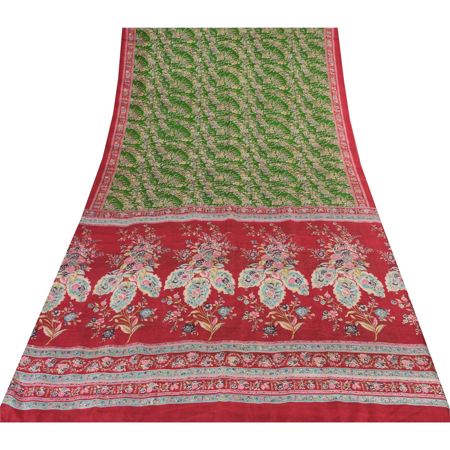 Sanskriti Vintage Sarees Green Indian Pure Silk Printed Sari 5yd Craft Sustainable Fabric