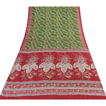 Sanskriti Vintage Sarees Green Indian Pure Silk Printed Sari 5yd Craft Sustainable Fabric