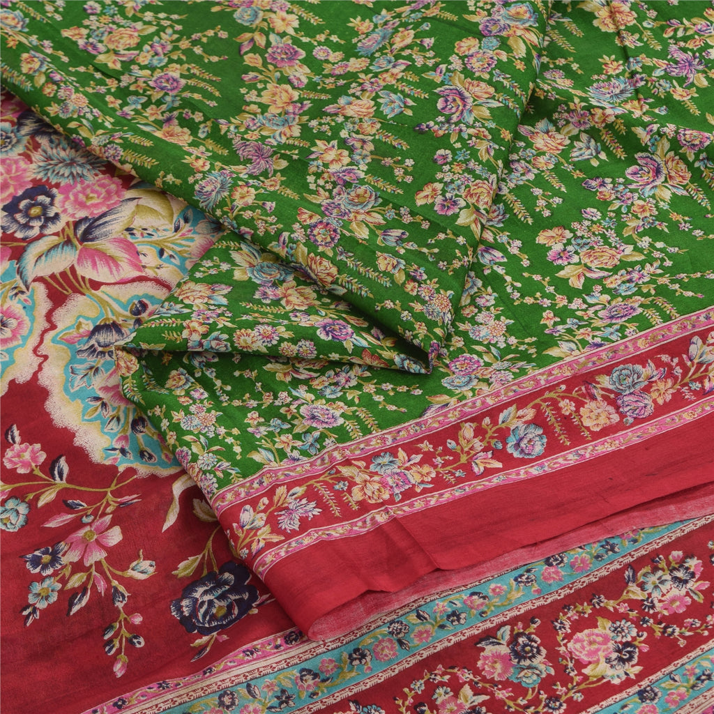 Sanskriti Vintage Sarees Green Indian Pure Silk Printed Sari 5yd Craft Sustainable Fabric