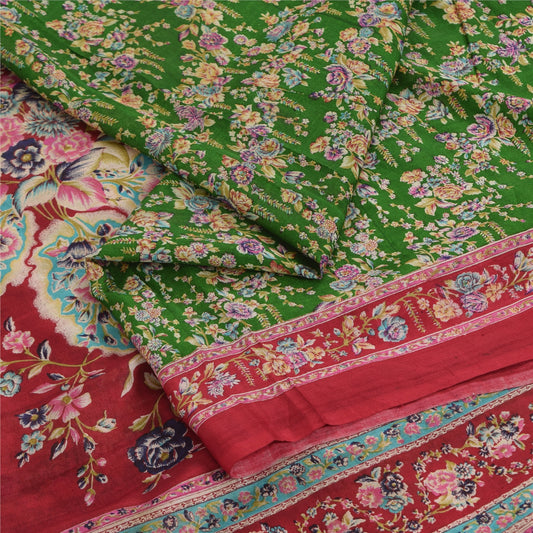 Sanskriti Vintage Sarees Green Indian Pure Silk Printed Sari 5yd Craft Sustainable Fabric