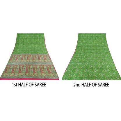 Sanskriti Vintage Sarees Indian Green Pure Silk Printed Sari 5yd Craft Sustainable Fabric