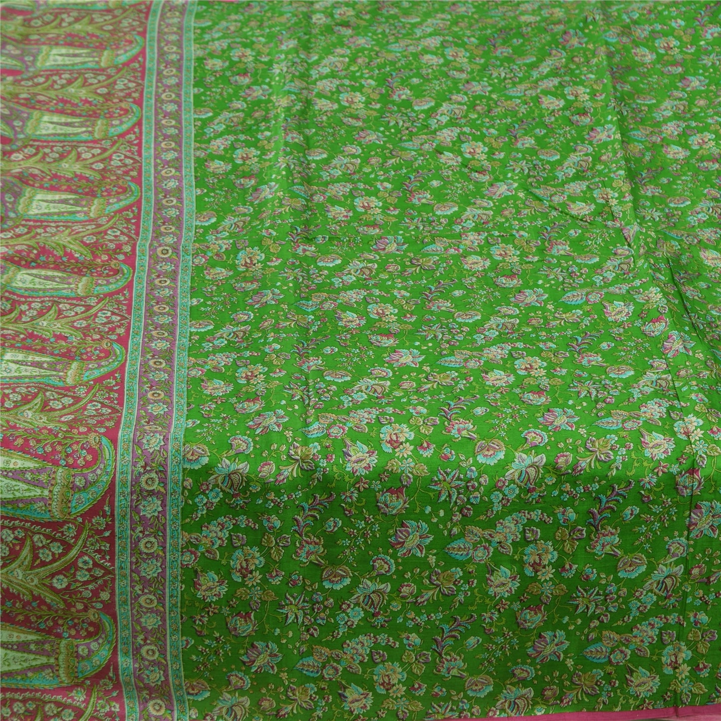 Sanskriti Vintage Sarees Indian Green Pure Silk Printed Sari 5yd Craft Sustainable Fabric
