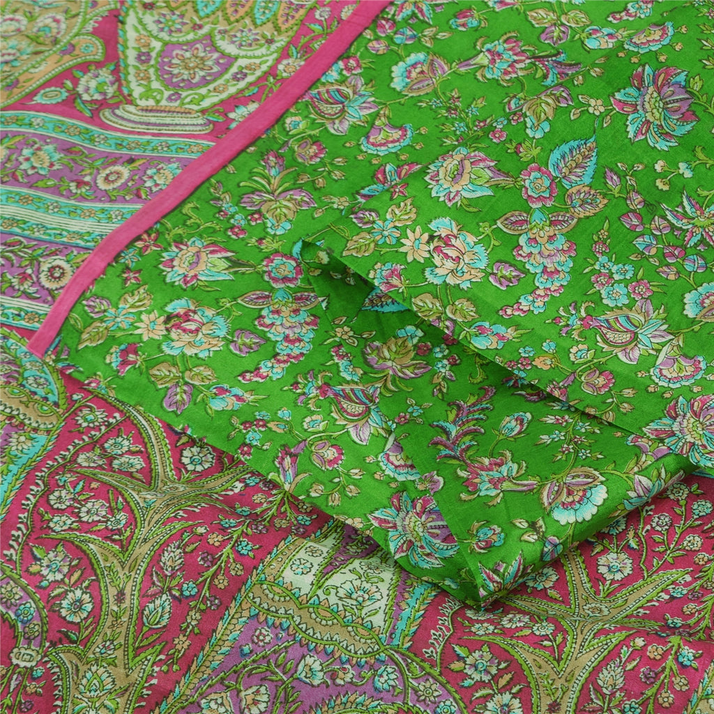 Sanskriti Vintage Sarees Indian Green Pure Silk Printed Sari 5yd Craft Sustainable Fabric