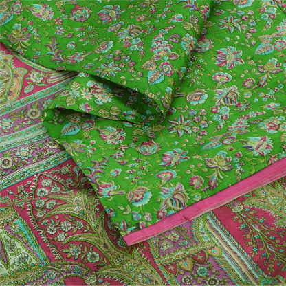Sanskriti Vintage Sarees Indian Green Pure Silk Printed Sari 5yd Craft Sustainable Fabric
