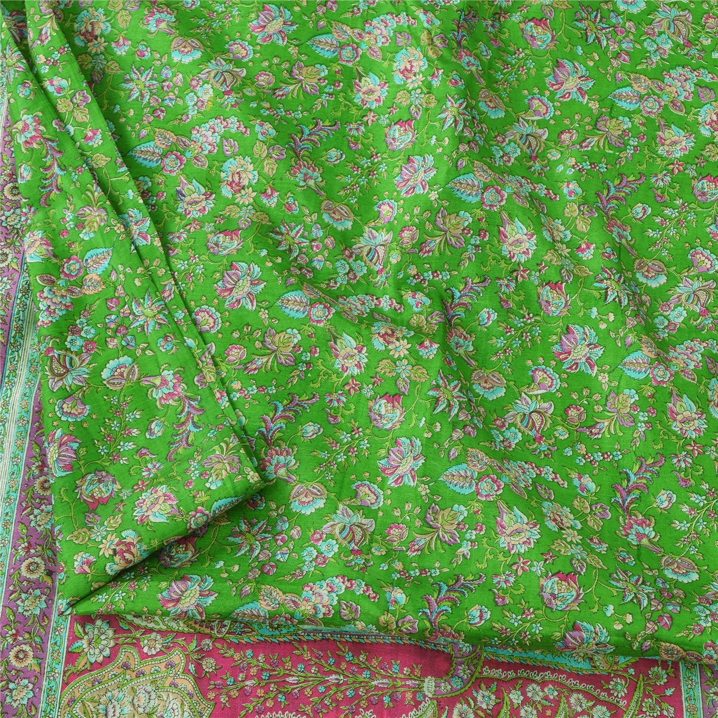 Sanskriti Vintage Sarees Indian Green Pure Silk Printed Sari 5yd Craft Sustainable Fabric