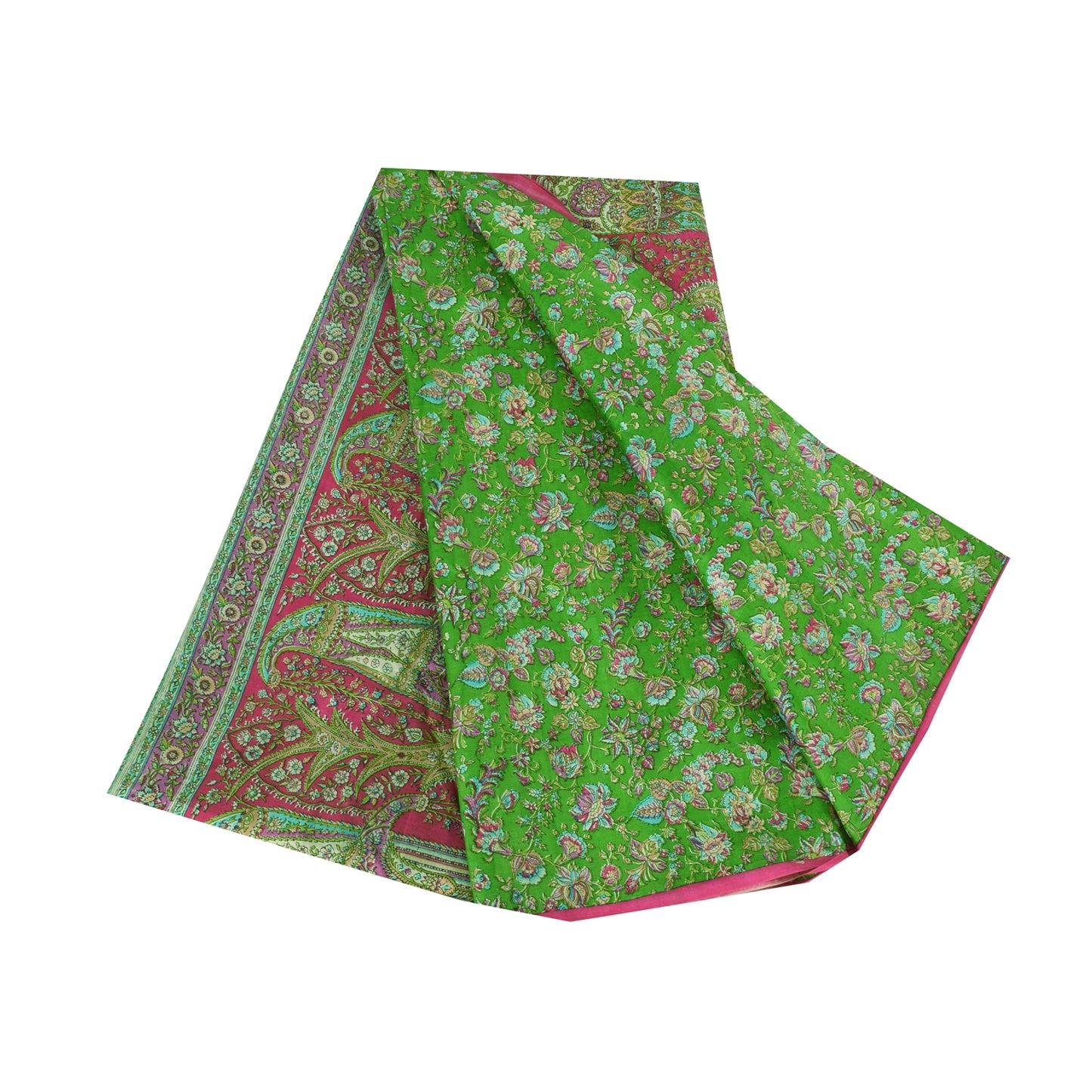 Sanskriti Vintage Sarees Indian Green Pure Silk Printed Sari 5yd Craft Sustainable Fabric