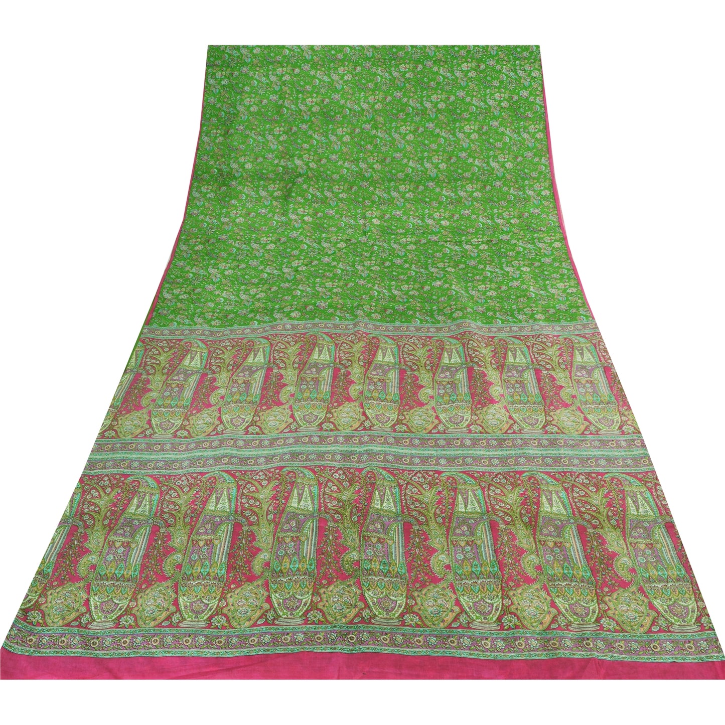 Sanskriti Vintage Sarees Indian Green Pure Silk Printed Sari 5yd Craft Sustainable Fabric