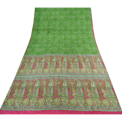 Sanskriti Vintage Sarees Indian Green Pure Silk Printed Sari 5yd Craft Sustainable Fabric