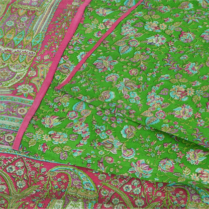 Sanskriti Vintage Sarees Indian Green Pure Silk Printed Sari 5yd Craft Sustainable Fabric