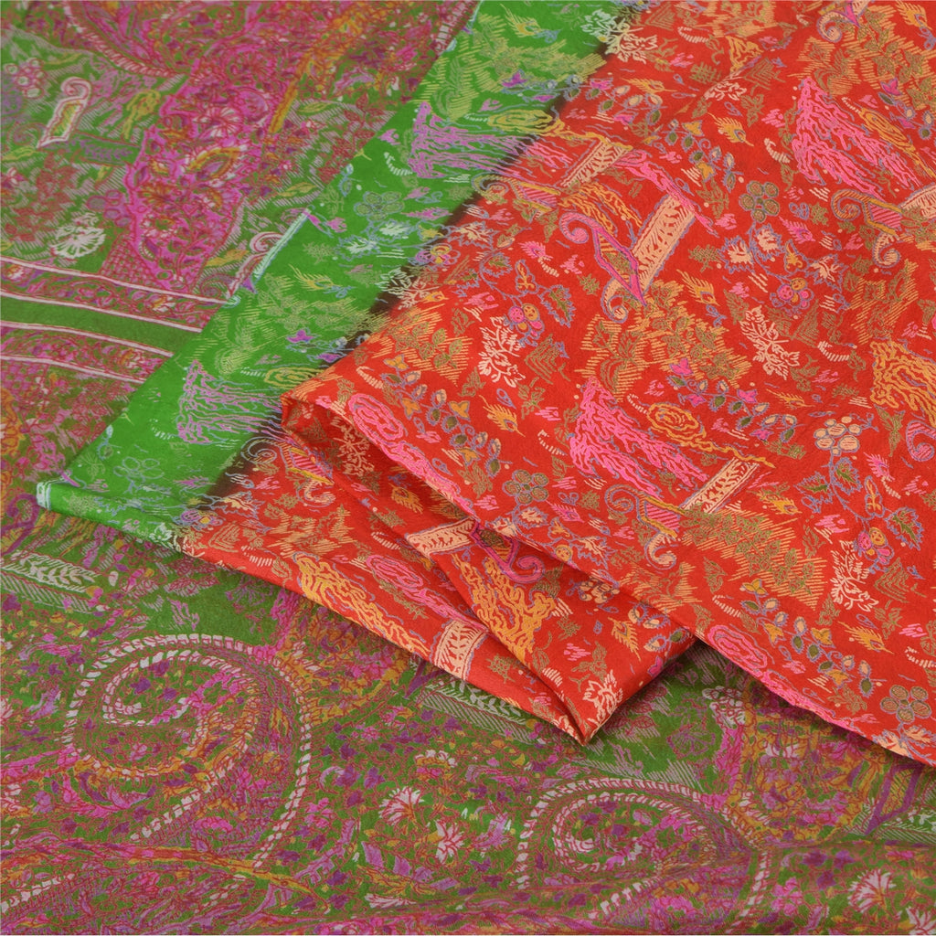 Sanskriti Vintage Sarees From India Red Pure Silk Printed Sari 5yd Craft Sustainable Fabric