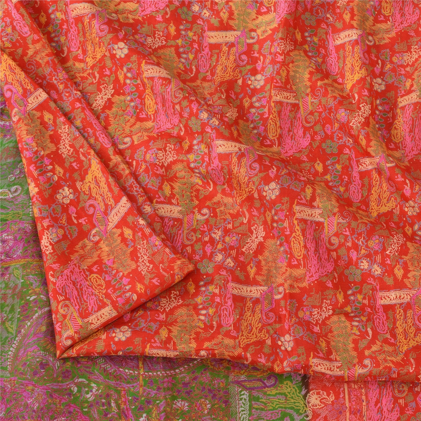 Sanskriti Vintage Sarees From India Red Pure Silk Printed Sari 5yd Craft Sustainable Fabric