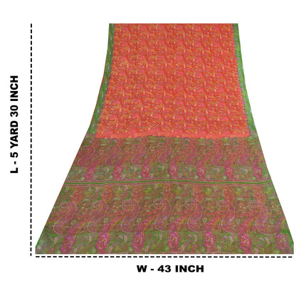 Sanskriti Vintage Sarees From India Red Pure Silk Printed Sari 5yd Craft Sustainable Fabric