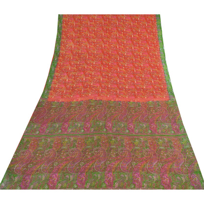 Sanskriti Vintage Sarees From India Red Pure Silk Printed Sari 5yd Craft Sustainable Fabric